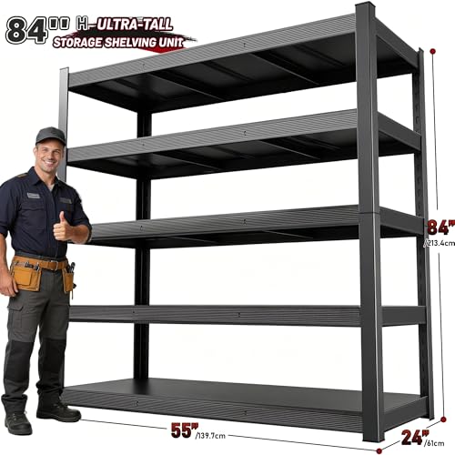 84" H 5-Tier Heavy Duty Storage Shelves, 3000LBS Capacity Adjustable Metal Industrial Garage Shelving Units,Freestanding Storage Rack for Shop and Warehouse, 84" H x 55" W x 24" D - size: 84"H × 55"W × 24"D