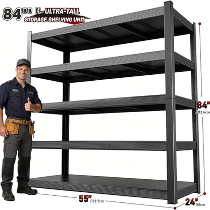 84" H 5-Tier Heavy Duty Storage Shelves, 3000LBS Capacity Adjustable Metal Industrial Garage Shelving Units,Freestanding Storage Rack for Shop and Warehouse, 84" H x 55" W x 24" D - size: 84"H × 55"W × 24"D