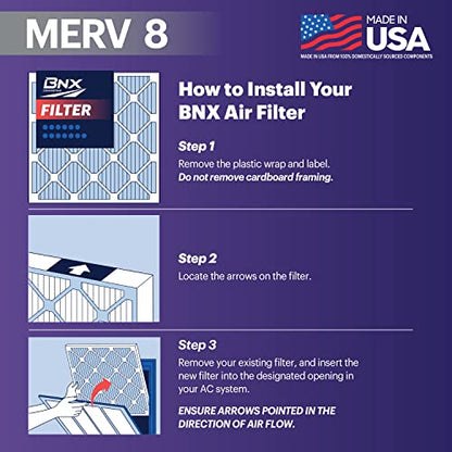 BNX 16x25x1 MERV 8 Air Filter 2 Pack - MADE IN USA - Electrostatic Pleated Air Conditioner HVAC AC Furnace Filters - Removes Dust, Mold, Pollen, Lint - size: 16x25x1 2-Pack