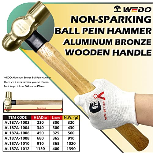 WEDO Ball Pein Hammer,24oz Non-Sparking Ball Peen Hammer,Aluminum Bronze,Wooden Handle,Length 365mm,Die-forged Hammer Head 680g,Corrosion Resistant Drilling Hammer,BAM & FM Certificate,DIN Standard - color: Aluminum Bronze, size: 24oz