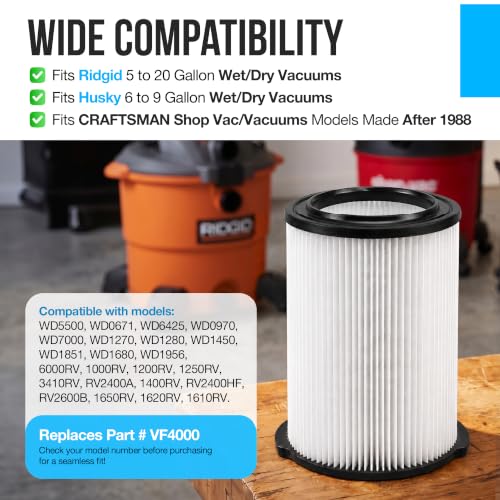 VF4000 Filter Replacement for RIDGID Shop Vac, Wet Dry Vac Filter, 5-20 Gal