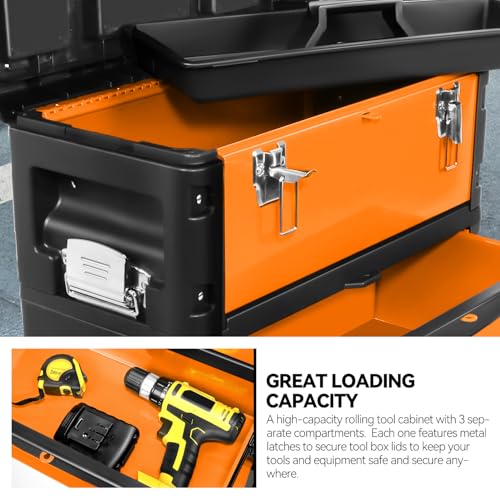 Auto Dynasty 3-Tier Rolling Trolley Tool Box Stackable w/Wheels, Orange - color: Orange