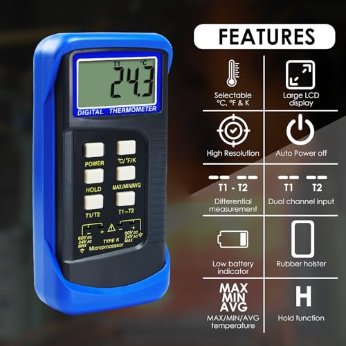 Thermocouple Thermometer Digital K Type Dual Channel Thermometer HVAC Temperature Meter with 4 Thermocouples, MAX/MIN/AVG Temperature Measurement, -50~1300°C (-58~2372°F)