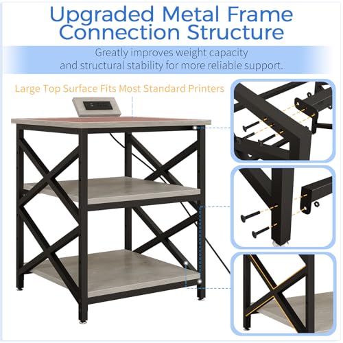 METYERRY 23.6"x23.6" Large Printer Stand with Power Outlet, 3 Tier Cart - color: Greige