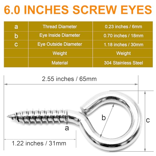 M6 20 Pcs 304 Stainless Steel Screws Eye,2.56 Inch Screw Self Tapping Eye,Load Bearing 200LB, Duty Eye Bolt for Wood Securing Cables Wire,Indoor & Outdoor Use (20, M6 2.56 Inch) - size: M6 2.56 Inch