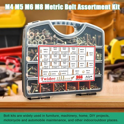 Twidec/966PCS Metric Bolt Assortment,Grade 8.8 Hex Head Bolts and Nuts Kit - color: Golden 966PCS M4 M5 M6 M8