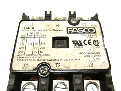 Fasco H340A 3 Pole 40 Amp 24 Coil Votage Contactor - H340A