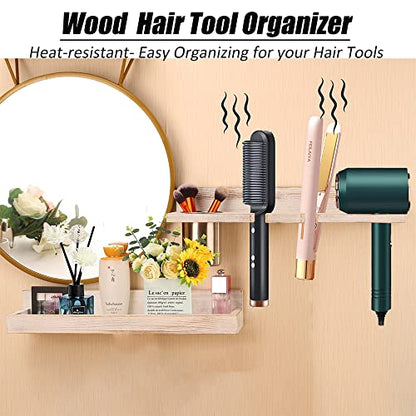Wall Mount Hair Tool Organizer, 2 Tier Rustic Wooden Blow Dryer Holder - color: White