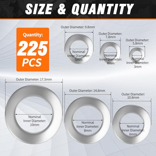 Curved Washer Assortment Kit, 225pcs Curved Spring Washer d3-d10, 304 SS - color: silvery, size: Curved D3-D10 225Pcs