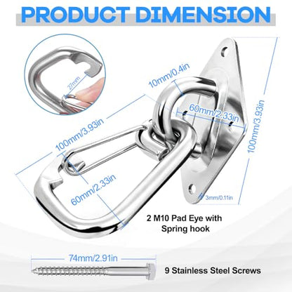 M10 Hammock Hooks Kit, 2-Pack Heavy Duty 304 Stainless Steel Pad Eye Hooks - size: 2 × M10 + Snap Hooks