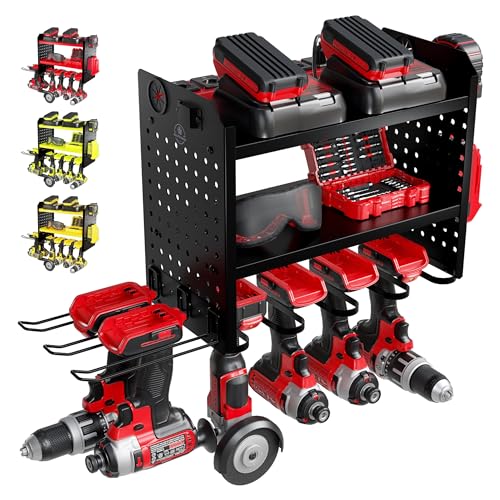 BUILTSTRONG Power Tool Organizer Wall Mount – 3-Tier Heavy-Duty Steel Rack, 6 Drill Slots, Dual Pegboard Sides, Side-by-Side Modular, 100 lb Capacity – Garage & Workshop (Black) - color: Black, size: 6 Drill Holder