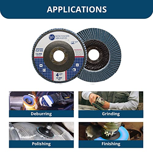 Benchmark Abrasives 4.5" Premium Zirconia Type 27 Flap Discs Grinding Wheels for Sanding Stock Rust Removal Finishing Grinding Deburring Stainless Steel, 7/8" Arbor (10 Pack) - 60 Grit - style: 60 Grit