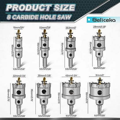TCT Carbide Hole Saw Kit for Hard Metal, 12 pcs Heavy Duty Carbide Tungsten Carbide Tipped Hole Saw Set, with 1 Aluminum Box 2 Extra Pilot Drill Bits and 2 Hex Key - color: 10PCS(3/4"-2")