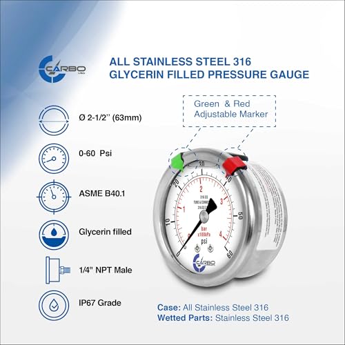 60 PSI Liquid Filled Pressure Gauge, 2.5" Dial, 1/4 NPT Back Mount, 316 SS Case, 316 SS Wetted Parts, Dual Scale PSI/Bar - ASME B40.1 Grade A - size: 0-60 PSI, style: STANDARD