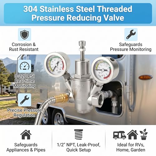 MEANLIN MEASURE 1/2" Piston Water Pressure Reducing Valve, DN15, 304 Stainless Steel Adjustable Pressure Regulator with Dual 0-220 PSI Gauges, for Home Plumbing, Industrial Water Pipe System