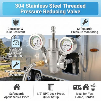 MEANLIN MEASURE 1/2" Piston Water Pressure Reducing Valve, DN15, 304 Stainless Steel Adjustable Pressure Regulator with Dual 0-220 PSI Gauges, for Home Plumbing, Industrial Water Pipe System