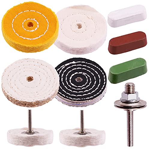 Swpeet 3" Buffing Polishing Wheels Polish Pad 8Pcs Kit with 3Pcs Polishing Compounds and 1/4" Drill Shank, White Cotton(50Ply)/ Yellow Cotton(36Ply)/Coarse Linen/Denim Wheels for Bench Grinder