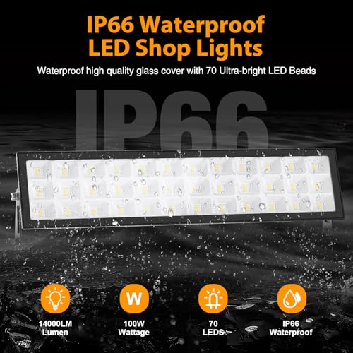 Shop Lights for Workshop,2pack 100w Led Shop Light,14000lm Super Bright Plug In Garage Lighting,IP66 Waterproof Work Lights,4.92ft Power Cord And On/Off Switch,6500k Outdoor Flood Light For Warehouse