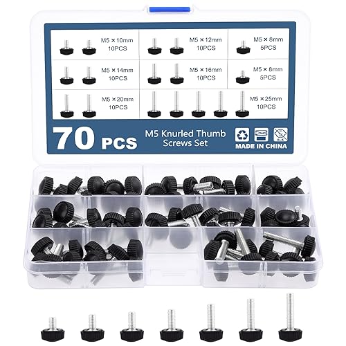 70PCS M5 Thumb Screws, Thumbscrew Set Carbon Threaded Knurled Knob Mounting Screw Grip Knobs Handle Bolts Round Clamping Screws Hose Clips for Kinds of Stand and Machine - size: M5