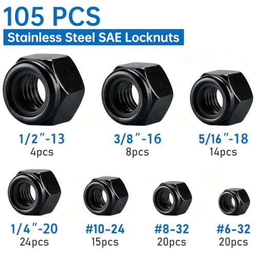 105 Pack SAE Lock Nuts, Black 304 (A2-70) Nylon Insert Locknuts - color: Black, size: SAE