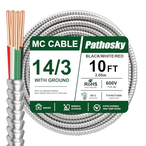 14/3 MC Cable 10FT, Metal Clad Electrical Wire with Green Insulated Ground, 14 AWG Solid Pure Copper Conductors, Aluminum Armor Real THHN/THWN, 600V 90°C Indoor/Outdoor Rated UL Listed - color: 10 FT, size: 14AWG/3