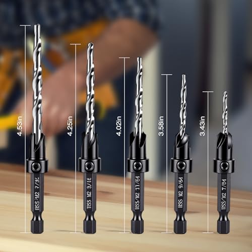 Countersink Drill Bit Set for Wood, 5 Pcs, Adjustable Depth Stop