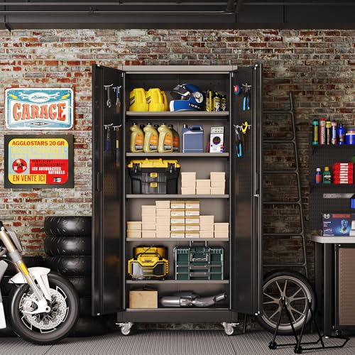 Reemoon 5 Adjustable 170 lb Shelves, Lockable Doors, Door pegboard and 4 Removable casters for Garage, Utility Storage. - color: Black, size: 16"D x 32"W x 71"H