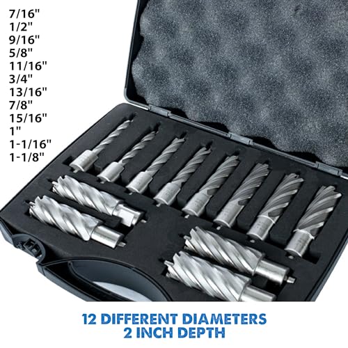 Evolution Power Tools Annular Cutter Kit for Magnetic/Mag Drills, 1 Inch Depth Drill Bit, Mixed Width 7/16 to 1-1/8 Inch, Carry Case Included, Set of 12 - style: Cutter Kit 12pc x 2"