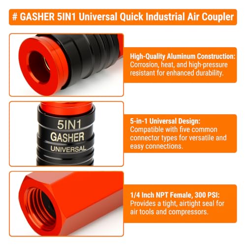 GASHER 1/4" FNPT 5IN1 Universal Quick Industrial Air Coupler Red - color: Red
