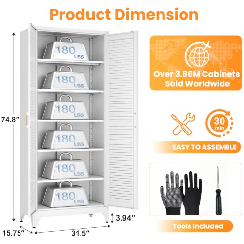 75" Metal Pantry Cabinet,Kitchen Storage Cabinet with Shelves - color: White, size: 75"H-Louvered