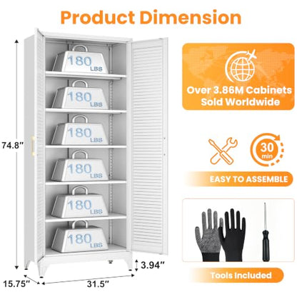 75" Metal Pantry Cabinet,Kitchen Storage Cabinet with Shelves - color: White, size: 75"H-Louvered