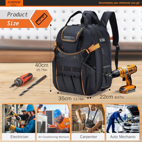KSIBNW Tool Backpack, 45-Pockets Heavy Duty for Men Organizer Bags with Laptop Compartment and Charging Port,Durable Tool Carrier for Eelectrician Construction Mechanic Work, Black and Red - color: Red