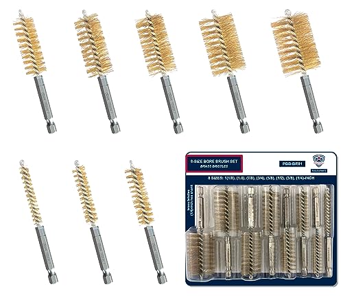 8-Size Bore Brush Set, Brass / Copper Wire Brush for Power Drill, Drill Brush Set, Metal Brush, Cleaning Brush, 1(1/8), 1.0, 7/8, 3/4, 5/8, 1/2, 3/8, 1/4 - inch Diameter, with 1/4-in Hex Shank - style: 1Set x 8Size (Brass)