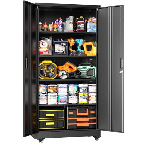 Greenvelly 73" Metal Storage Cabinet with Wheels, Lockable Rolling Metal Garage Cabinets with 2 Doors and 4 Adjustable Shelves, Rolling Tool Cabinet for Garage, Home Office, School - color: Black, style: 73"H-Wheels