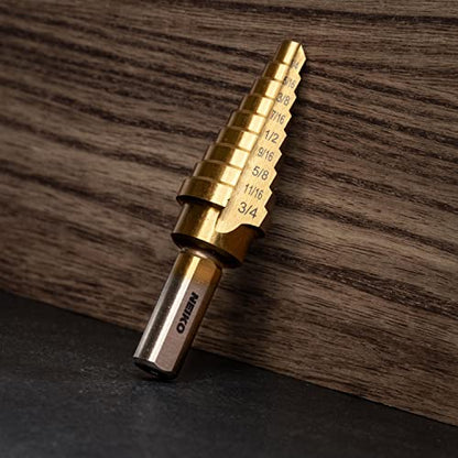 NEIKO 10184A Step Drill Bit, 9 Steps 1/4” to 3/4” Straight High Speed Steel, Titanium Nitride Coated, 3/8” Tri Flat Step Bits for Steel, Metal, Wood, Plastic, Unibit Cone Drill Bits, Two Flute - size: #3 (1/4 - 3/4", 9S), style: Straight