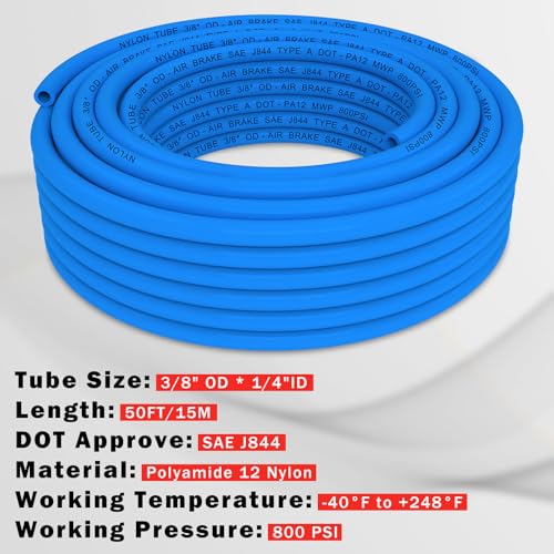 CheeMuii 50FT 3/8" DOT Air Line 3/8 Air Hose PA12 Nylon Pneumatic Tubing - color: Blue, size: 3/8"OD-50FT