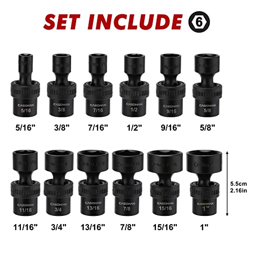 CASOMAN 12 Pieces 3/8-Inch Drive Shallow Universal Impact Socket Set, SAE, 5/16"-1", CR-MO, Swivel Socket - size: 12 PC SAE 3/8'' Dr. (Shallow)