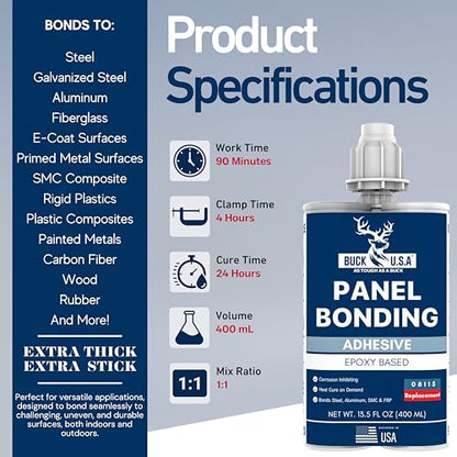 10 Pack Buck Panel Bonding Adhesive, Two-Part Epoxy, 400 ml/13.5 fl oz Cartridge, 08115 Replacement, Heavy Duty Metal Glue for Automotive Use, Bonds w/Steel, Aluminum, Plastic, OEM Recommended, Black - size: Panel Bond (400ml), style: 10 Pack