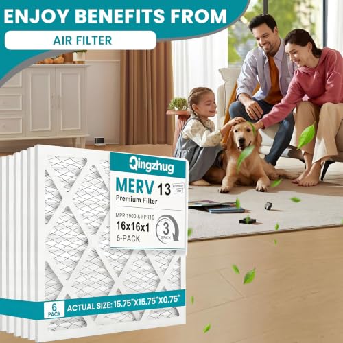 16x16x1 MERV 13 (6-Pack) Pleated Air Filter (Actual Size: 15.75"x15.75"x0.75") MPR 1900 & FPR 10, Furnace Air Filters,16x16x1 air filter - size: 16x16x1 6-Pack