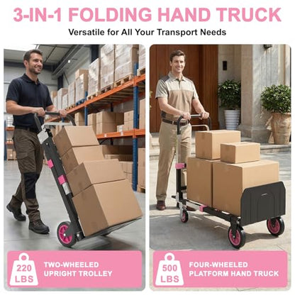 3-in-1 Folding Heavy Duty Hand Truck Dolly Cart Trolley with Wheels (Pink) - color: Pink