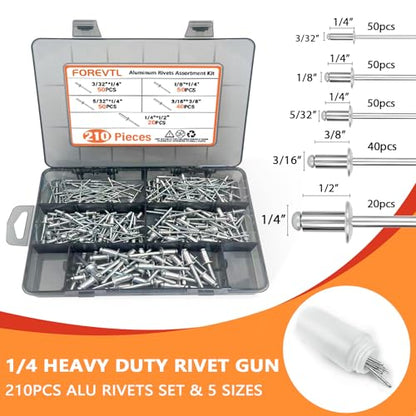 1/4 Rivet Gun Kit with 210pcs Blind Pop Rivets & 5 Rivet Heads