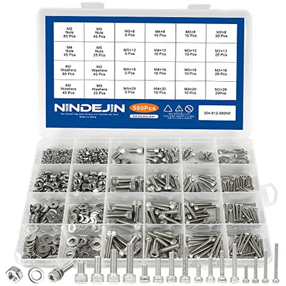 NINDEJIN Black & Silver Hex Socket Head Screws Bolts Nuts and Flat Washer Assortment Kit(Hex Socket Flat/Button/Cap Head) (580Pcs Hex Button Head Socket Screws Nuts) - size: 580 Hex Cap Head Socket Screws Nuts