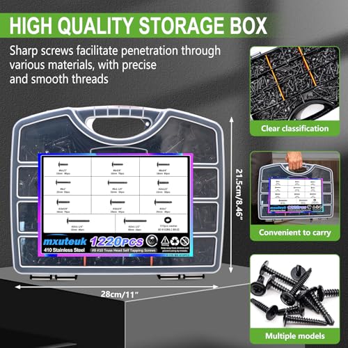 mxuteuk #8#10 Black Self Tapping Screws for Metal,410 Stainless Steel - size: BK 1220PCS #8 #10 Kit