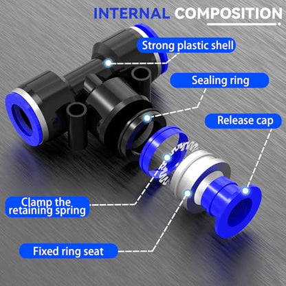 30-PACK 1/2" Tube OD Tee Push to Connect Fittings,PE-1/2 3 Way Pneumatic Quick Connect Air Line Push Lock Hose Fittings - size: 1/2"OD/BLUE
