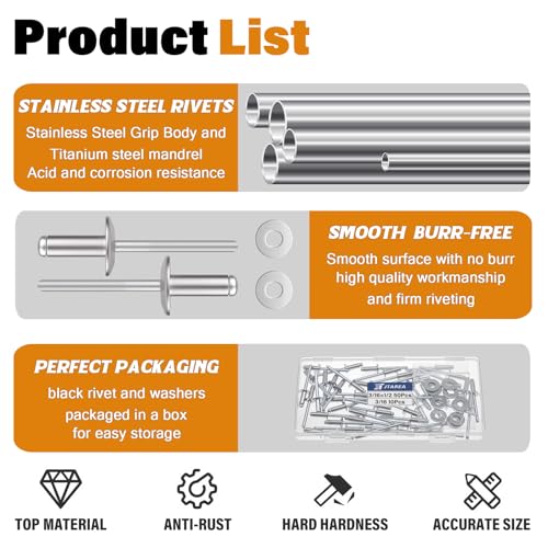 60pcs 3/16" x 1/2" Stainless Steel Pop Rivets with Stainless Steel Washers 4.8 x 12.7mm Blind Rivet Assortment Kit - size: 3/16*1/2