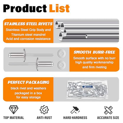 60pcs 3/16" x 1/2" Stainless Steel Pop Rivets with Stainless Steel Washers 4.8 x 12.7mm Blind Rivet Assortment Kit - size: 3/16*1/2