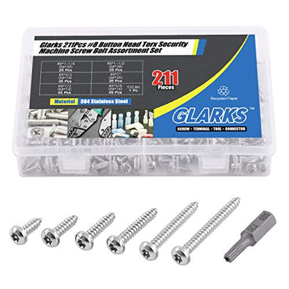 Glarks 211Pcs #8 x 1/2'' / 5/8'' / 3/4'' / 1" / 1-1/4'' / 1-1/2'' Button Head Torx Security Sheet Metal Screws Assortment Set, 6 Size Stainless Steel Tamper Resistant Screws with T20 Bit - size: 210pcs #8 screws set
