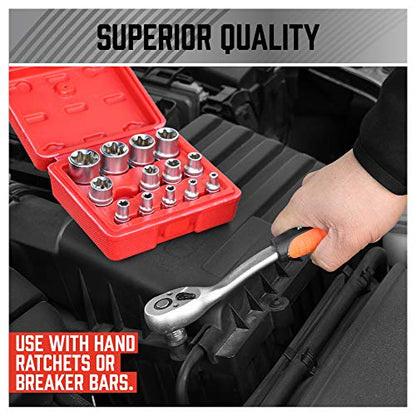 SEDY 14-Piece E-TORX Socket Set - Premium Female Torx Socket Set, Ultimate Torque Star Sockets, External Torx Sockets, E4 E5 E6 E7 E8 E10 E11 E12 E14 E16 E18 E20 E22 E24 - style: 14-Piece E-Torx - (E4-E24)