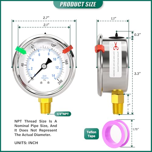 0-200psi Stainless Steel 1/4" NPT 2.5" Dial, Glycerin Liquid Filled Pressure Gauge Lower Mount Designed for Pressure Testing of Water, Oil and Air (with Range Mark Pointer) - size: 0-200Psi