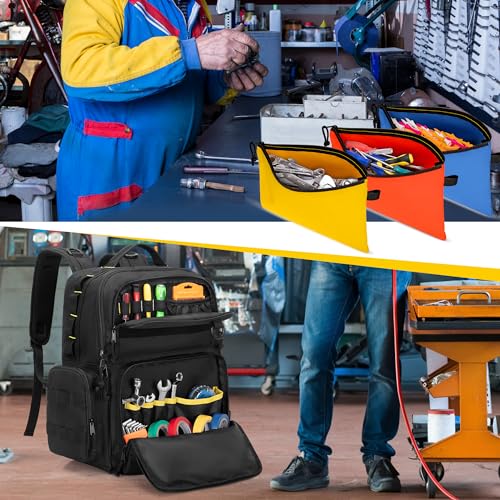 Rexmica Heavy-Duty Tool Bag Backpack for Men with 3 Tool Pouches, Black - color: Black